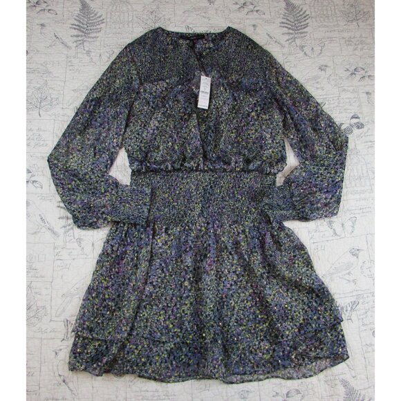 NEW $160 WHBM Smocked Blouson Dress sheer long slv touch of metalic womens sz  M - Picture 1 of 7